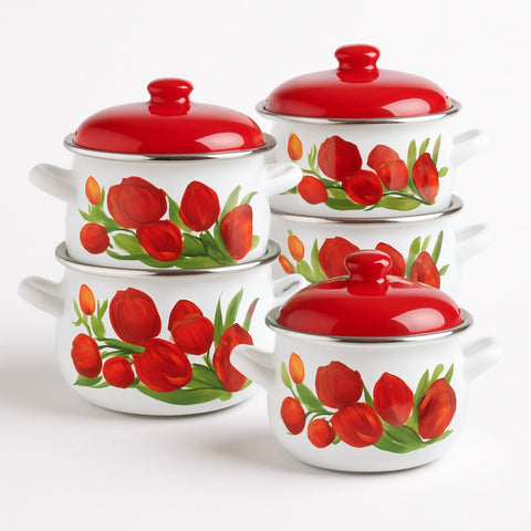 Set 5 oale emailate cu capac Arian cantitate 2 l, 2,8 l, 3,8 l, 4,8 l, 6,2 l, model lalele 463