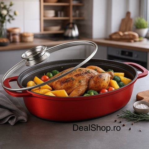 Tavă 5.5 Litri ovala cu capac Swan 33 cm invelis marmură  Roșu – Ideală pentru Cuptor