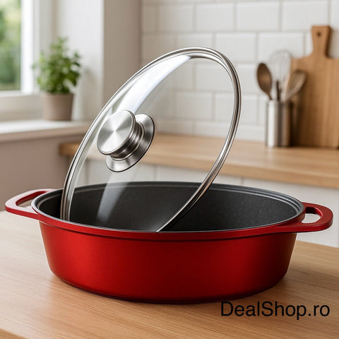 Tavă 5.5 Litri ovala cu capac Swan 33 cm invelis marmură  Roșu – Ideală pentru Cuptor