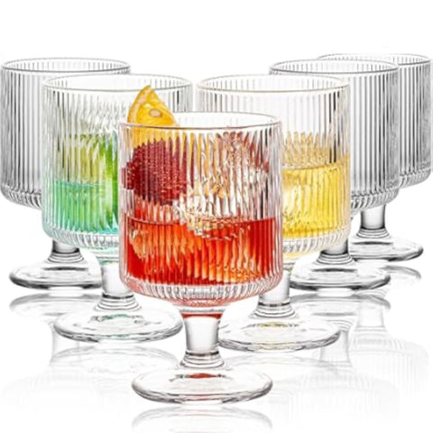 Set 6 Pahare Julia cu Picior Sticlă Transparentă 230 ml– Design Striat Elegant pt Suc Apa Cocktail