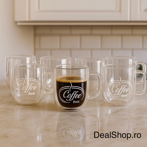 Set 6 cești din sticla termorezinstentă cu pereți dubli 250 ml – Model Coffee Best Design elegant și rezistent la temperatura 3X-0417