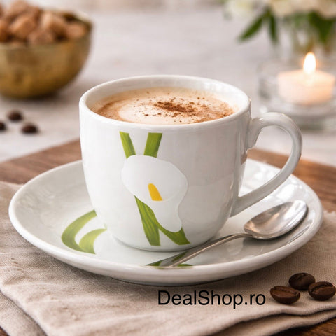 Set 6 cești cafea din porțelan 180 ml cu farfurii Cala Grace design floral elegant