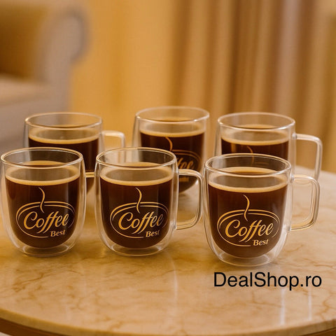 Set 6 cești din sticla termorezinstentă cu pereți dubli 250 ml – Model Coffee Best Design elegant și rezistent la temperatura 3X-0417