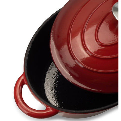 Oală din fonta emailata Hausberg capacitate 4,5 litri diametru 30 x 23 cm adâncime 12 cm interior capac din fontă roșu HB H750