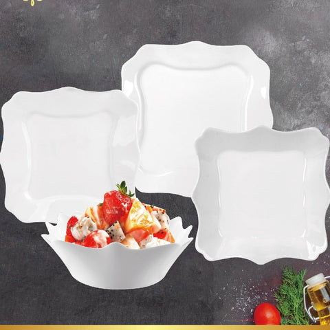 Serviciu de masa opal termorezistent 19 Piese Lacy-White – Farfurii Pătrate Albe pentru 6 persoane