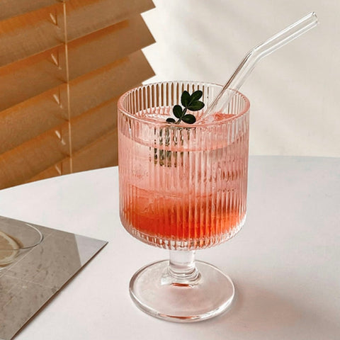Set 6 Pahare Julia cu Picior Sticlă Transparentă 230 ml– Design Striat Elegant pt Suc Apa Cocktail