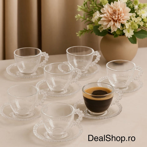 Set 6 Cești din Sticla 200 ml cu Farfurioare Design Floral Elegant Ideal pentru Cafea și Ceai
