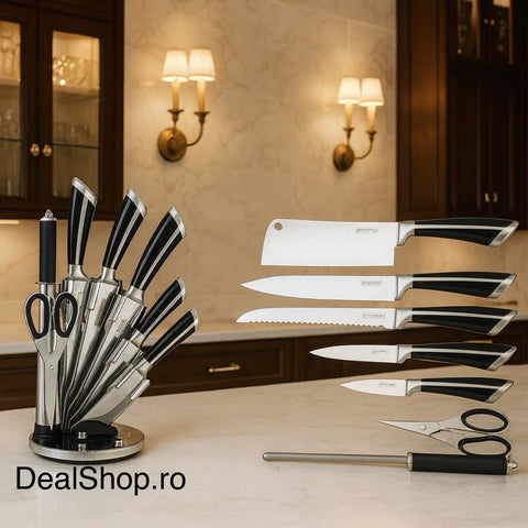 Set cutite suport rotativ 8 piese Royalty Line RL-KSS700 inox