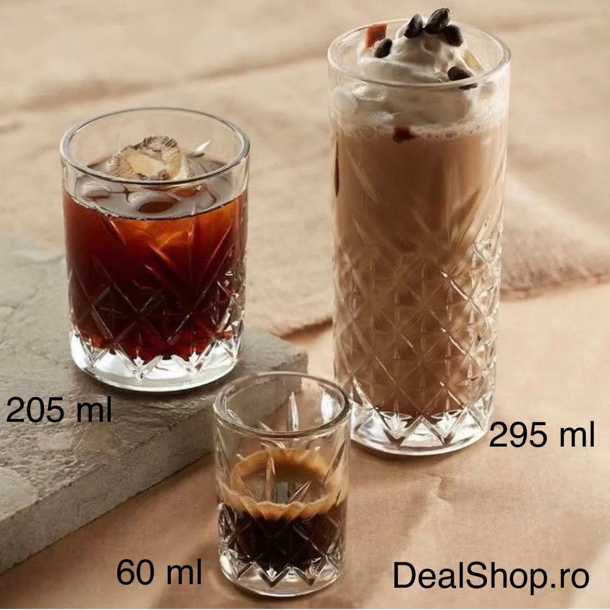 Set 12 pahare Timeless – 295 ml + 205 ml + 60 ml, sticlă groasă transparentă model gravat