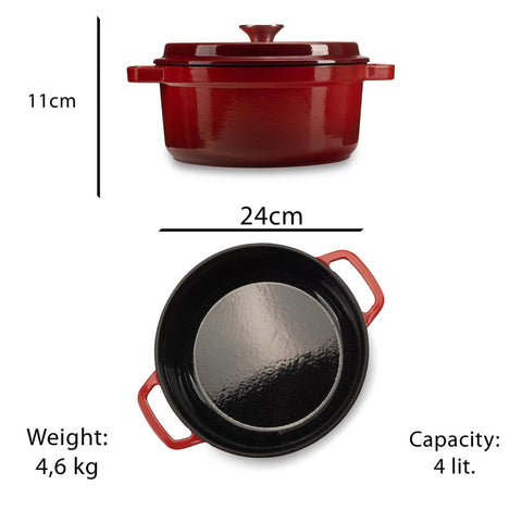 Oala 4 litri din fonta emailata cu capac Hausberg HB-H744 capacitate diametru 24 cm adancime 11 cm, interior antiaderent, Rosu