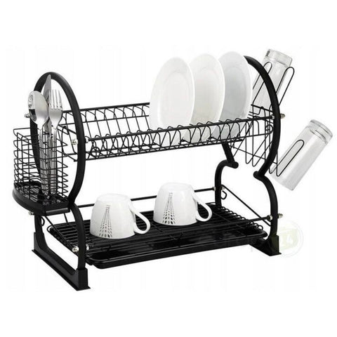 Uscator de vase cu suport pahare si tacamuri, din otel, pe 2 nivele, cu tava de scurgere, 40,5x24x38cm, negru