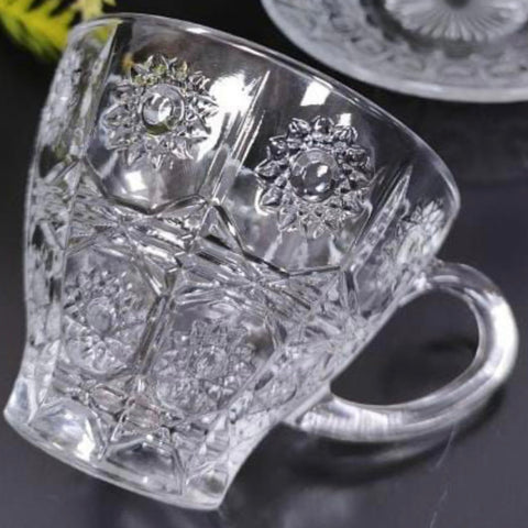 Set 6 Cești Sticla Bohemia cu Farfurioare – Model Premium cu Motive Decorative