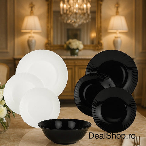 Serviciu de masa termorezistent opal 19 piese farfurii rotunde alb si negru Pukka