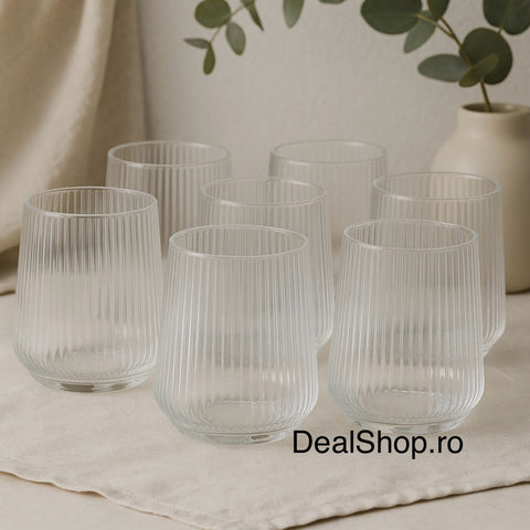 Set 12 Pahare Sticla Transparentă cu Striații 250 ml Hawai – Design Modern și Elegant