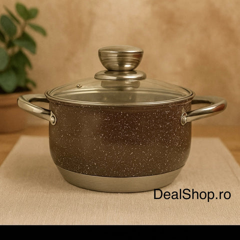 Cratita 2.9 litri Premium Royalty Line Brown  Inox cu fund multistrat și capac din sticla gătit rapid elegant și sanatos