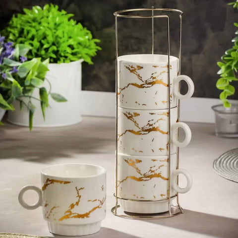 Set 4 cești ceramică 250 ml marmură albă cu auriu suport metalic CADOUL PERFECT