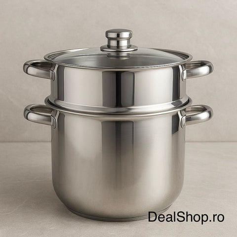 Oală 8 litri Inox pentru aburi, 24 cm, capac inox, inserție detasabila compatibilă inducție