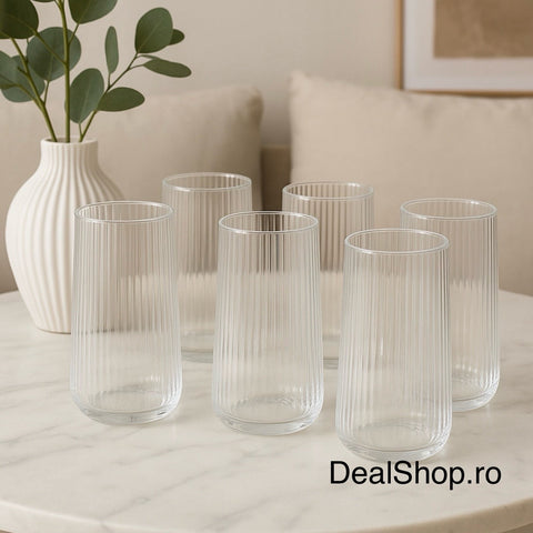Set 12 pahare din sticla transparentă cu striatii 400 ml Design Modern și Elegant Hawai