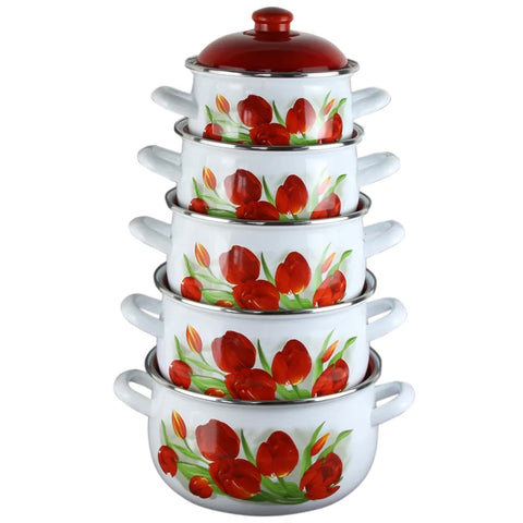 Set 5 oale emailate cu capac Arian cantitate 2 l, 2,8 l, 3,8 l, 4,8 l, 6,2 l, model lalele 463