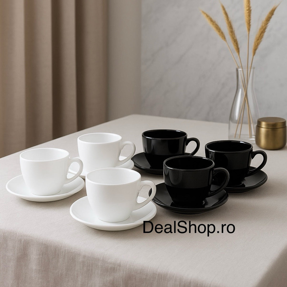 Set 6 Cești Cafea cu Farfurii Opal Termorezistent 245 ml – 3 Albe + 3 Negre, Eleganță Modernă pentru Cafeaua Ta