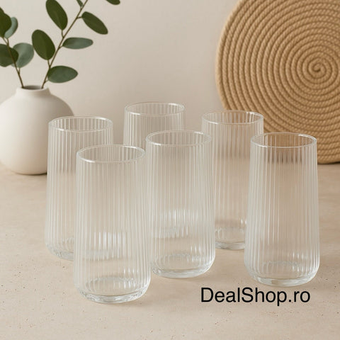 Set 12 pahare din sticla transparentă cu striatii 400 ml Design Modern și Elegant Hawai