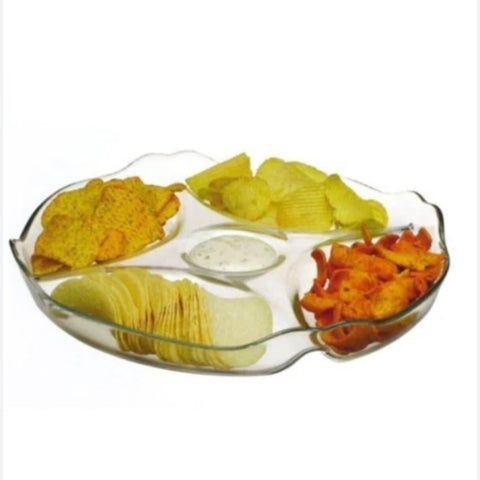 Platou divizat din sticlă 30 cm 4 compartimente + loc pentru sos, platou aperitive elegant
10473