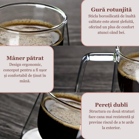 Set 12 cești de cafea cu pereti dubli sticla termorezistenta 200 ml mesaj COFFEE  Eleganta și Funcționalitate pentru Iubitorii de Cafea
