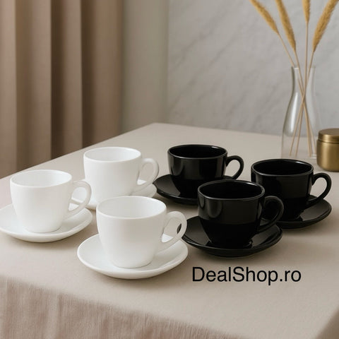 Set complet serviciu de masa și cafea din opal termorezistent 31 piese alb & negru