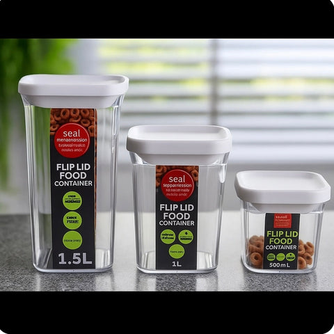 Set 3 Recipiente Cutii Alimentare din Plastic cu Capac Etanș 500 ml 1 litru și 1.5 litri Pastrare Cereale și Alimente