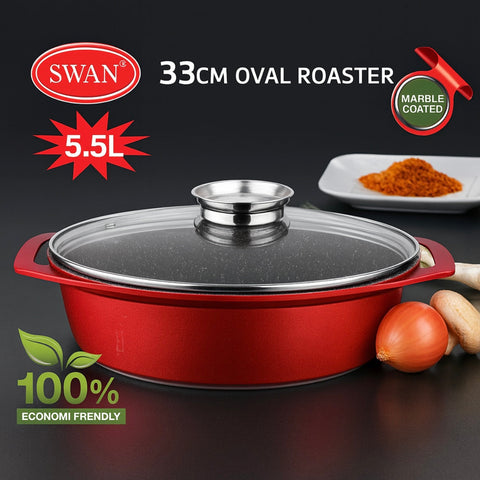 Tavă 5.5 Litri ovala cu capac Swan 33 cm invelis marmură  Roșu – Ideală pentru Cuptor