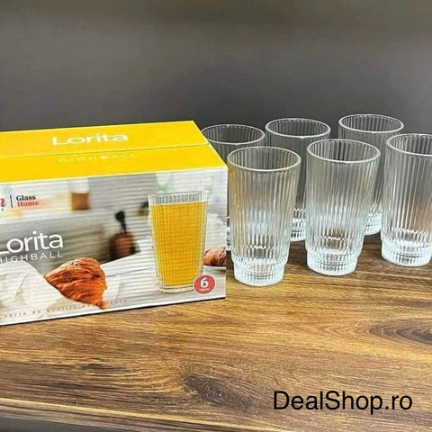 Set 6 pahare sticlă Lorita 240 ml model striat sticlă groasa transparentă pahare highball pentru apă suc cocktail