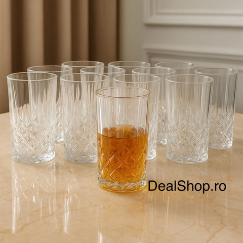 Set 12 pahare din sticlă Kaveh, 330 ml design elegant pentru băuturi reci și cocktailuri