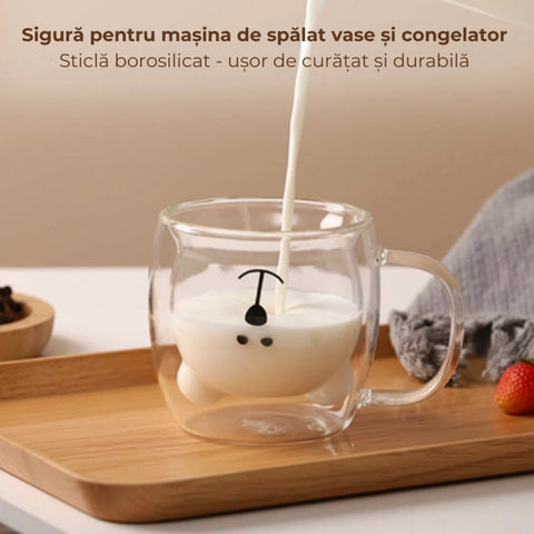 Set 6 cesti cafea pereti dubli sticla termorezistenta Model Ursulet 260 ml coffe