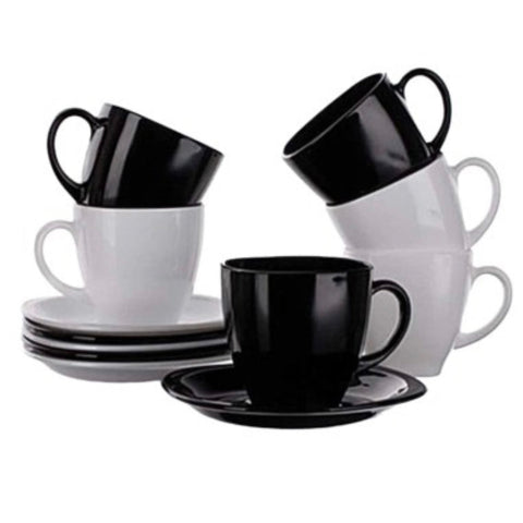 Set 6 Cești Cafea cu Farfurii Opal Termorezistent 245 ml – 3 Albe + 3 Negre, Eleganță Modernă pentru Cafeaua Ta