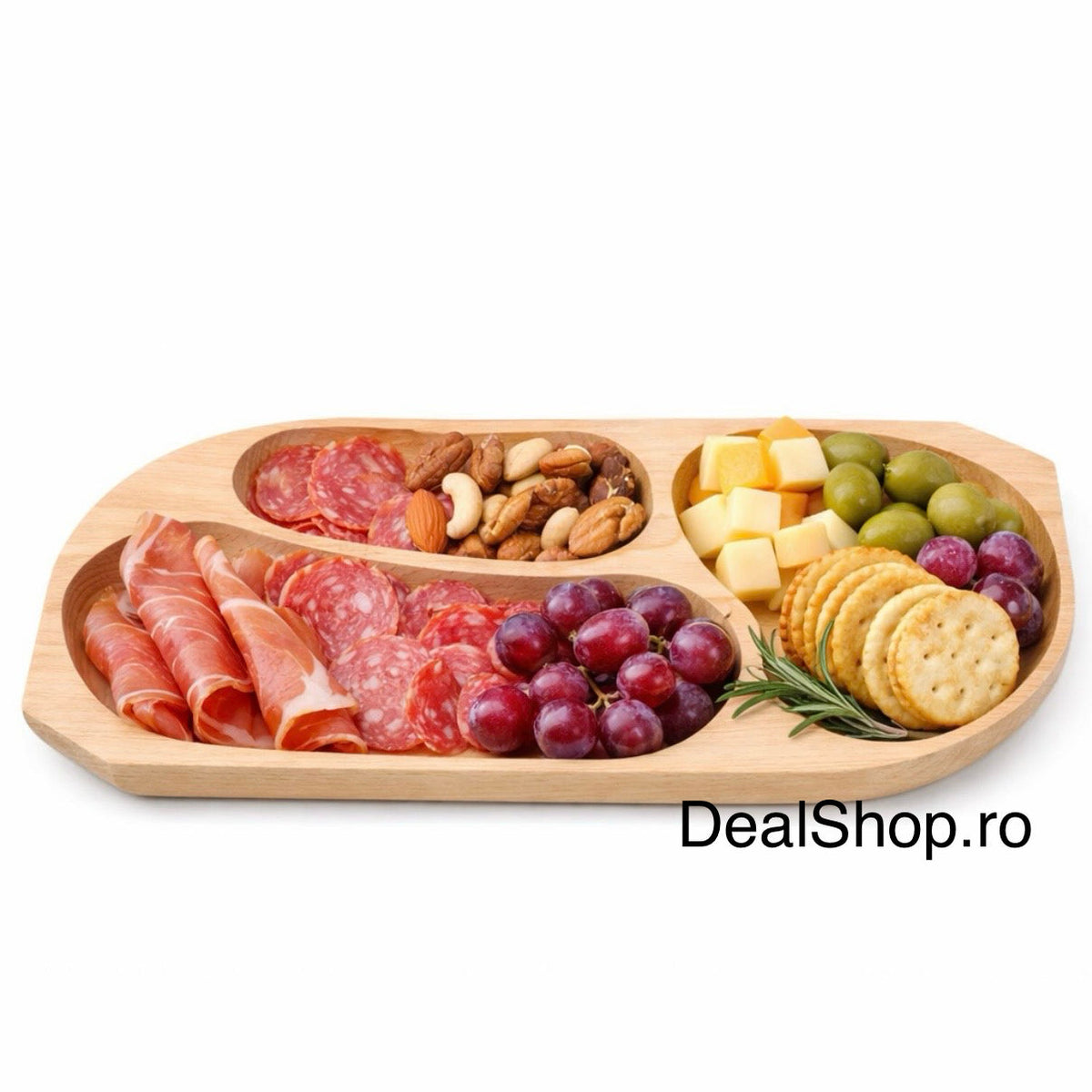 Platou din lemn compartimentat pentru servire 43 x 22,5 cm – tavă aperitive 3 compartimente lemn natural, snack & gustări 2542