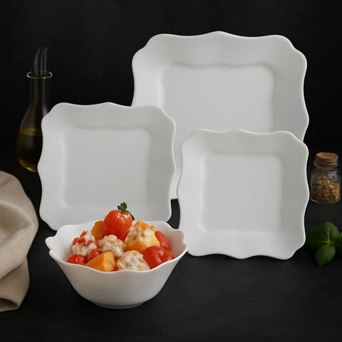 Serviciu de masa opal termorezistent 19 Piese Lacy-White – Farfurii Pătrate Albe pentru 6 persoane