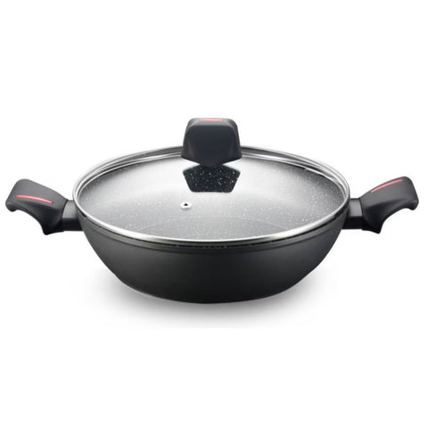 Cratita adanca cu capac  Royalty Line RL-FSC28, 28 cm, Finisaj marmura, Inductie Negru