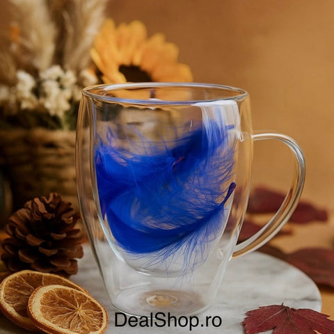 Set 6 Cești din Sticla cu Perete Dublu și Pene Albastre 350 ml– Rafinament în Fiecare Detaliu coffee Latte capuccino