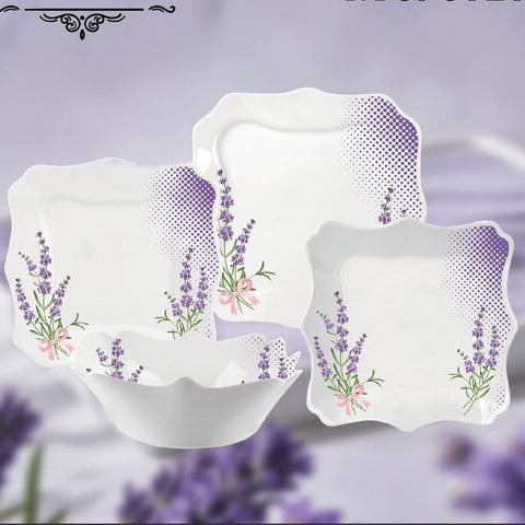 Serviciu de masă opal termorezistent Lacy Lavender 19 Piese Farfurii Patrate pt 6 Persoane