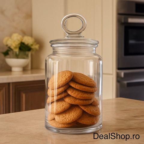 Borcan din sticla cu capac 1500 ml Viva– design elegant ideal pentru depozitare biscuiți bezele bomboane sau ingrediente de bucătărie 96394