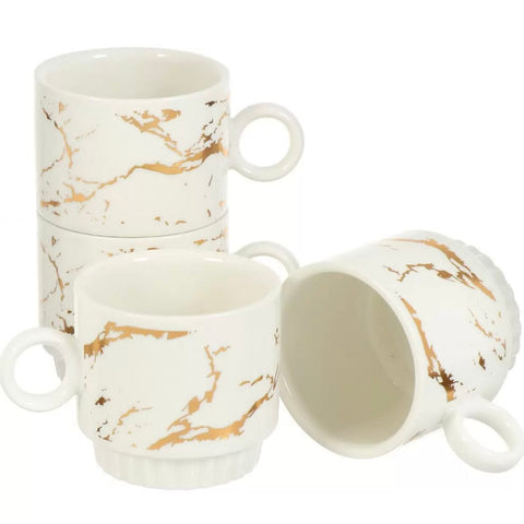 Set 4 cești ceramică 250 ml marmură albă cu auriu suport metalic CADOUL PERFECT