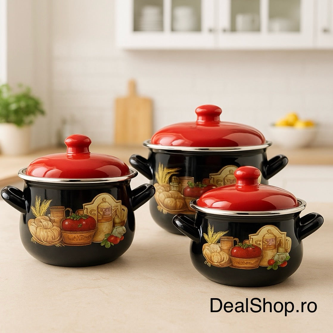 Set 3 oale emailate cu capac Arian, cantitate 3,8 litri 4,8 litri, 6,2 litri model kitchen 524