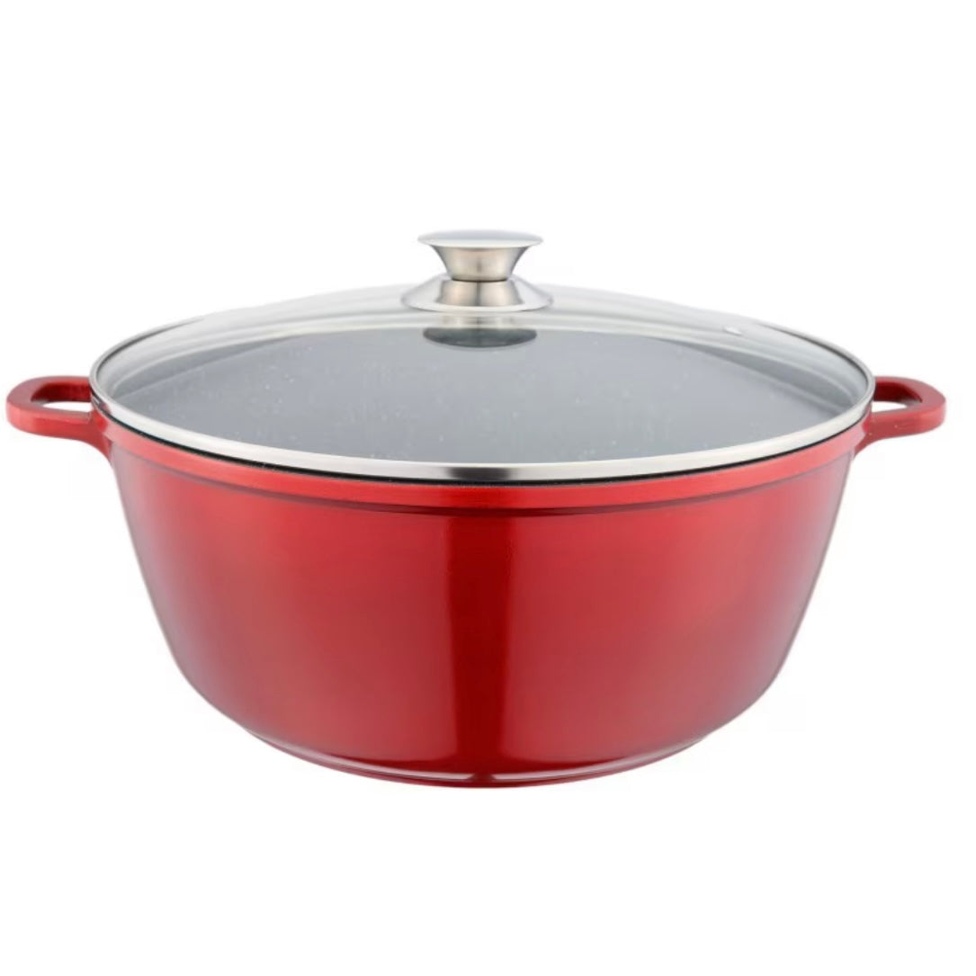 Cratiță mare cu înveliș de marmură 44 cm – capac sticlă termorezistentă 23.5 litri culoare roșu metalizat