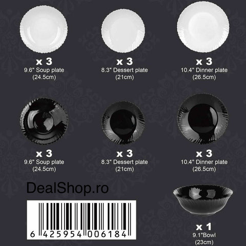 Set complet serviciu de masa și cafea din opal termorezistent 31 piese alb & negru
