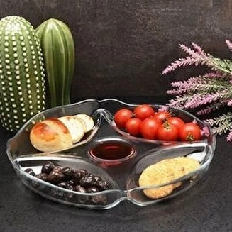 Platou divizat din sticlă 30 cm 4 compartimente + loc pentru sos, platou aperitive elegant
10473