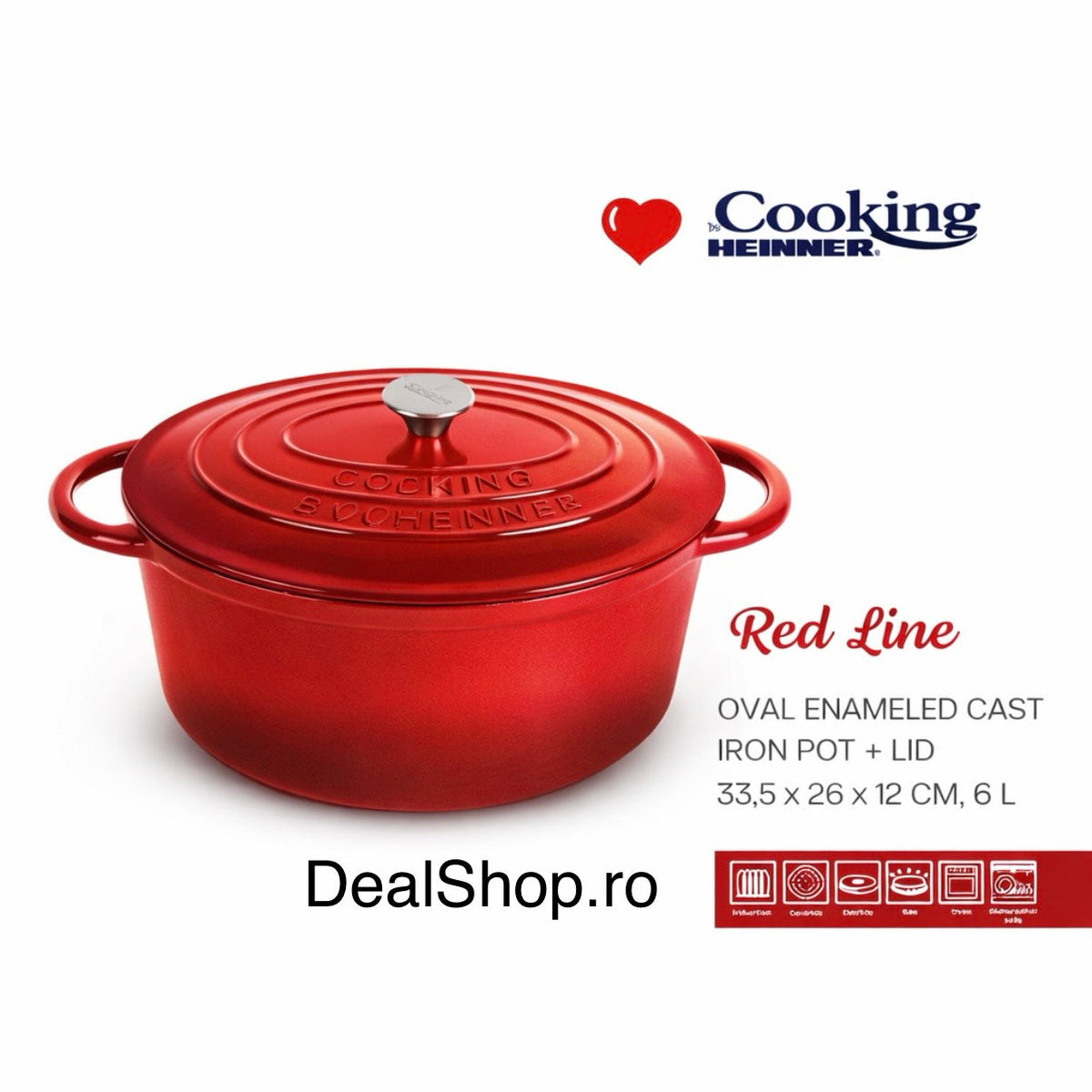 Cratita ovală fontă emailată 6L cu capac Cooking by Heinner Red Line – 33.5×26×12 cm vas profesional gătit la cuptor & plită