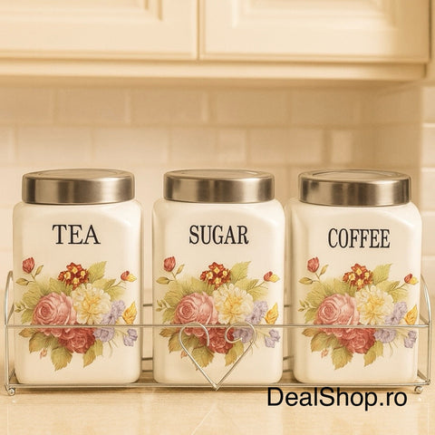 SET 3 RECIPIENTE CONDIMENTE CERAMICA CU CAPAC INOX SI SUPORT METALIC