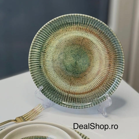 Serviciu de masa portelan 6 persoane 24 piese model texturat verde-maro elegant și modern 186
