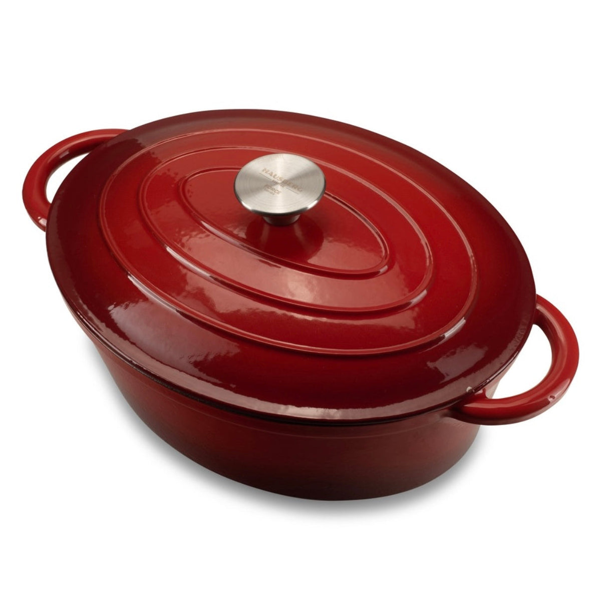 Oală din fonta emailata Hausberg capacitate 4,5 litri diametru 30 x 23 cm adâncime 12 cm interior capac din fontă roșu HB H750
