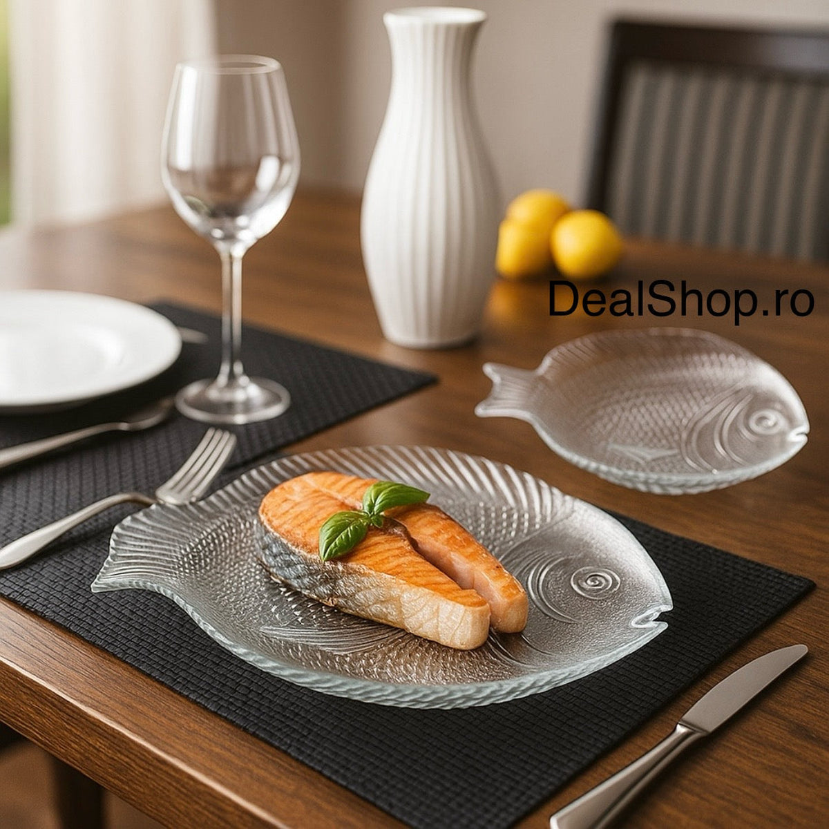 Set 1 platou si 6 farfurii, forma peste, Pasabahce Marine, sticla 97159